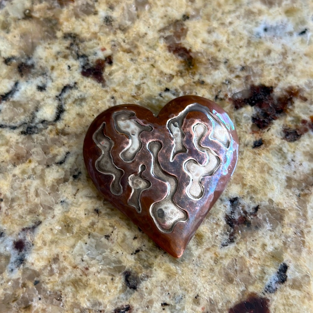 Vintage Neiman Marcus copper & .925 silver heart pin brooch artsy designer